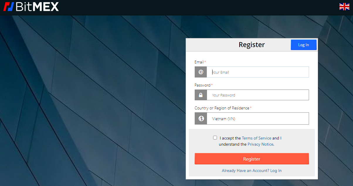 Giao diện đăng ký tài khoản BitMEX.