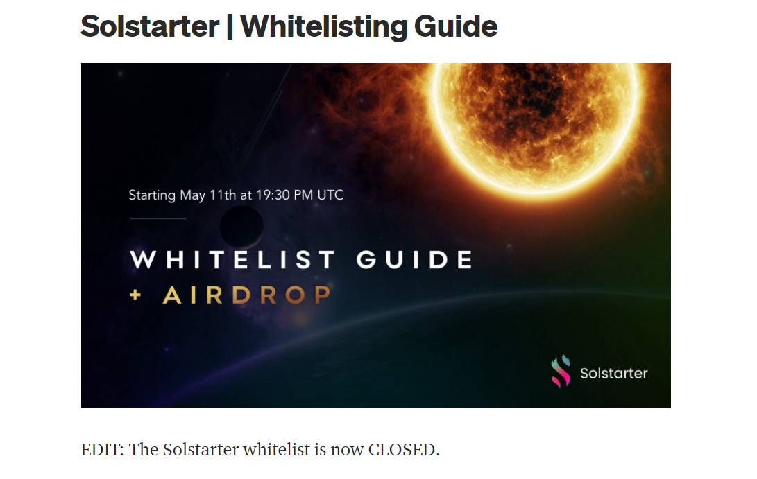 Solstarter whitelist hiện đã bị đóng.
